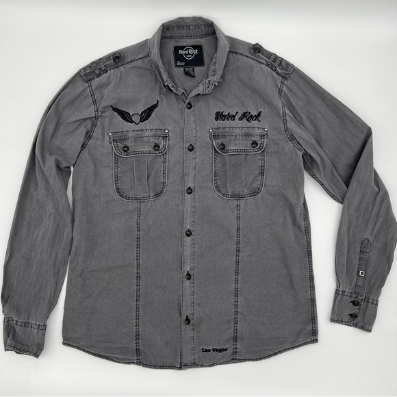 Hard Rock Cafe‎ Shirt Size Large Gray Embroidered Vegas Rock Utility Button Down - Picture 1 of 16